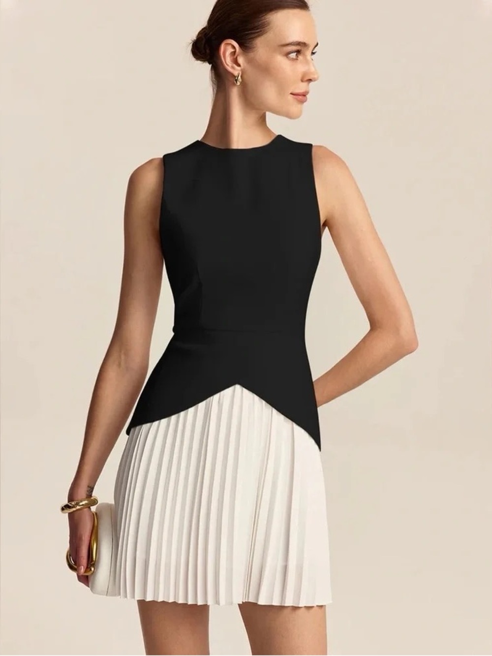 Commense Black Bodice with White Pleated Mini Skirt
